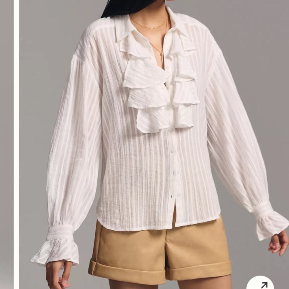 Anthropologie 100% Cotton White Button Down Long Sleeve Ruffle Blouse Sz Medium